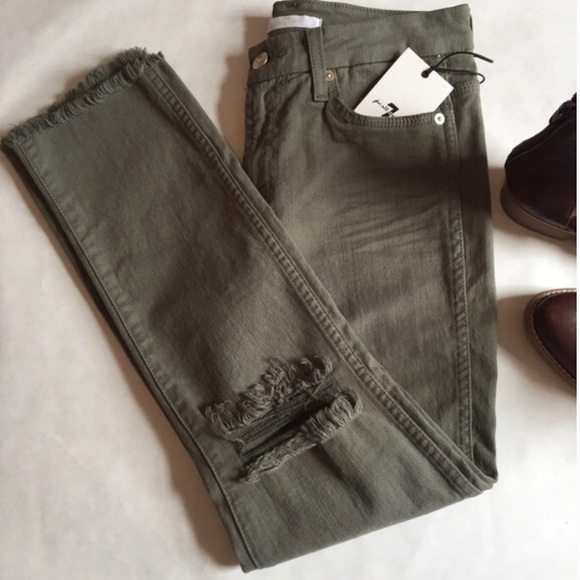 NWOT 7FAM Green Ankle Straight Distressed Jeans - Picture 2 of 6